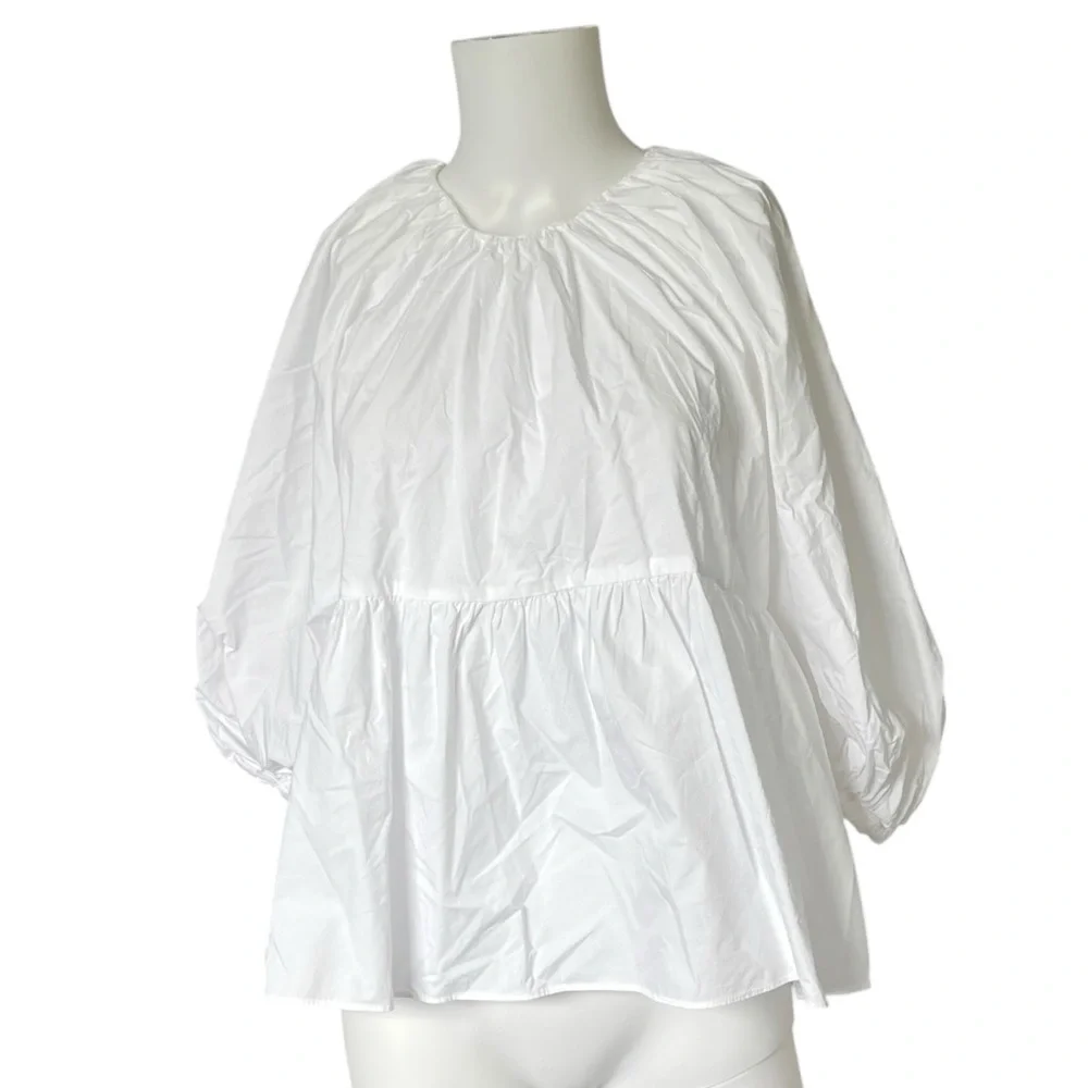 Pomander Place Tuckernuck White Poplin Bow Puff Sleeve Blouse Size Small S